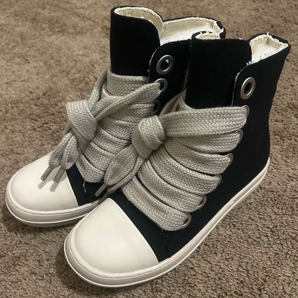 Rick Owens Black and White Lace Up Boots - Picture 1 of 4
